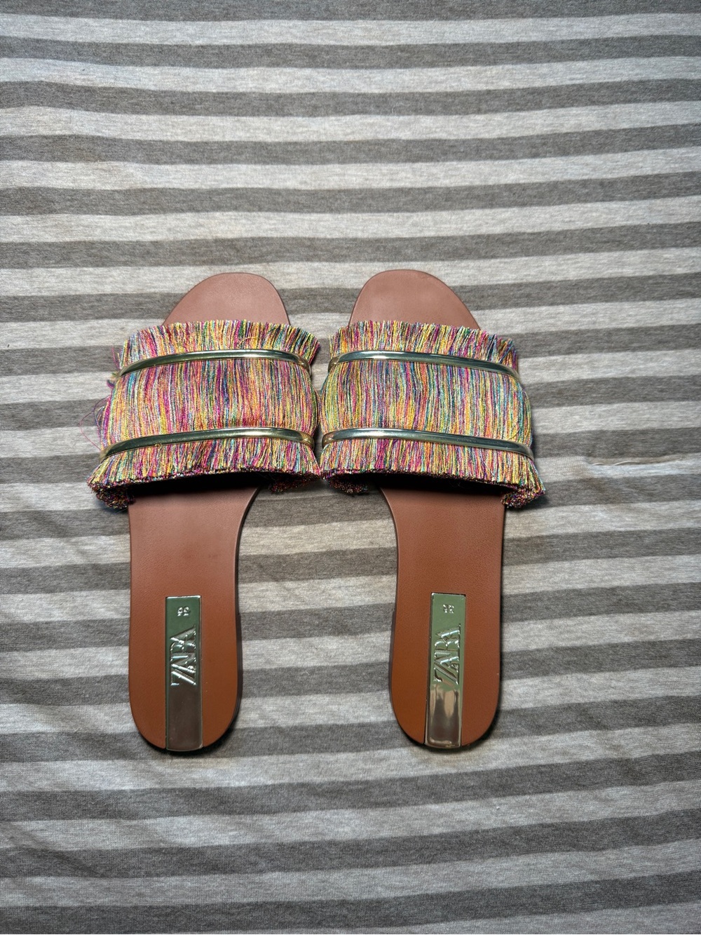 Zara Multicolor Fringe Slide Sandals Gold Trim EU 36